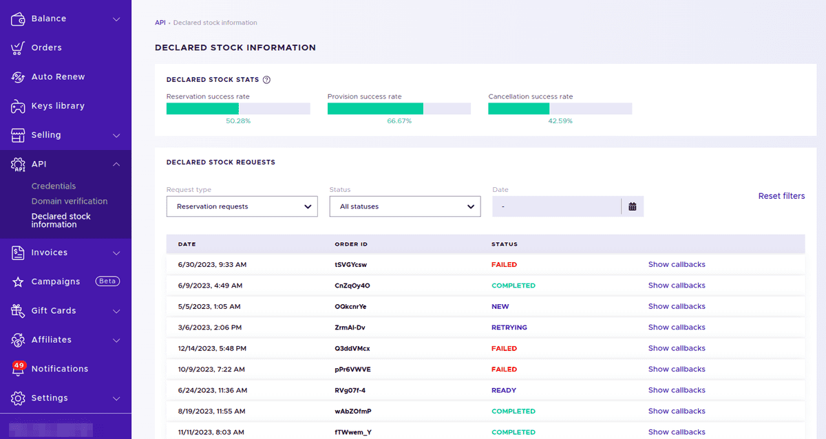 Declared stock dashboard